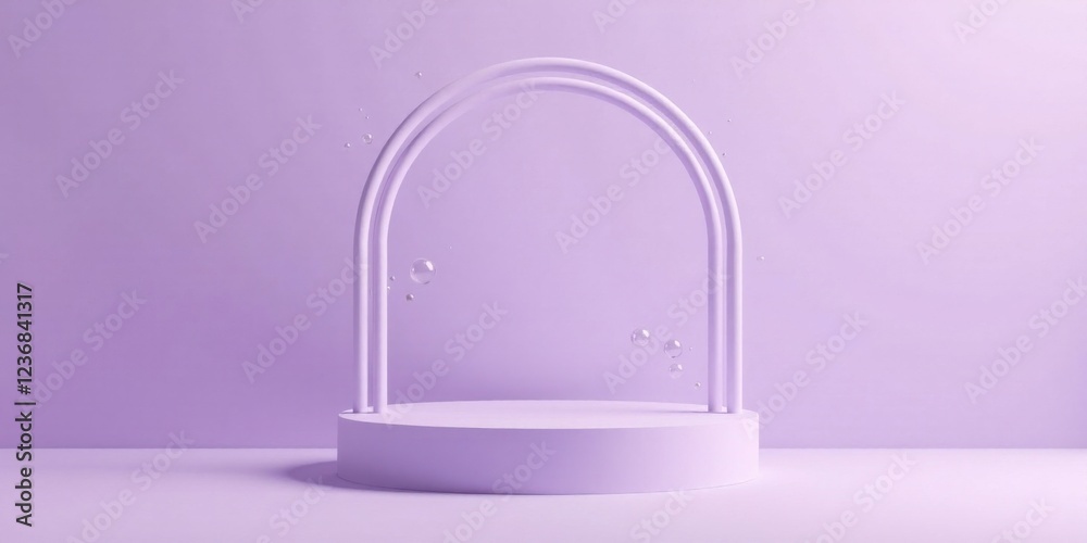 Lavender-hued platform with a double archway, featuring ethereal floating bubbles, creating a serene and minimalist backdrop Lavender-hued platform with a double archway, featuring ethereal floating bubbles, creating a serene and minimalist backdrop