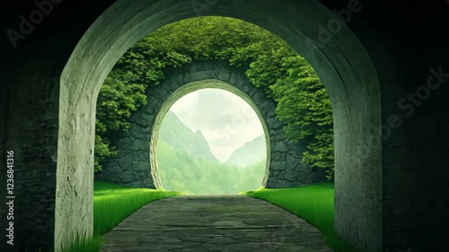 Mystical Stone Archway With Lush Greenery Overlooking Misty Mountain Landscape, Perfect For Fantasy And Adventure Themes, Highlighting Nature And Serenity, Ideal For Imaginative Stock Photography