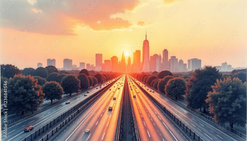 Obraz premium Sunset traffic flow new york city landscape photography urban environment elevated viewpoint city life concept