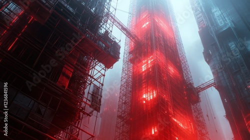 A futuristic tower enveloped in fog, illuminated by striking red lights, surrounded by scaffolding, creating a dramatic and industrial atmosphere.