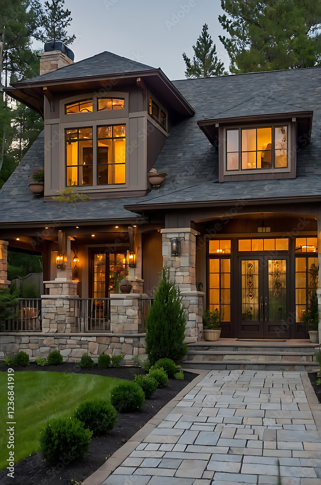 Luxury Stone House Exterior at Night: Modern Home Design, Real Estate, Architecture Luxury Stone House Exterior at Night: Modern Home Design, Real Estate, Architecture