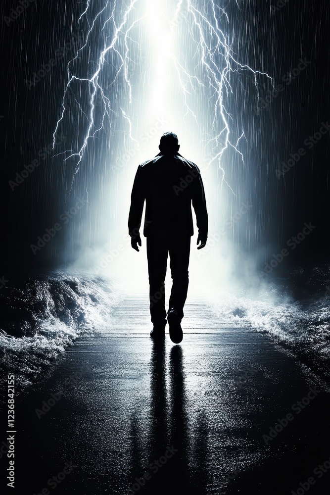 Silhouette of a person walking toward a bright light during a heavy thunderstorm. Dark, moody atmosphere. Rain, lightning, and dark colors dominate Silhouette of a person walking toward a bright light during a heavy thunderstorm. Dark, moody atmosphere. Rain, lightning, and dark colors dominate