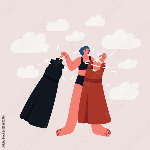 Cartoon vector illustration of a woman choosing a dress to wear, symbolizing decision-making and style selection