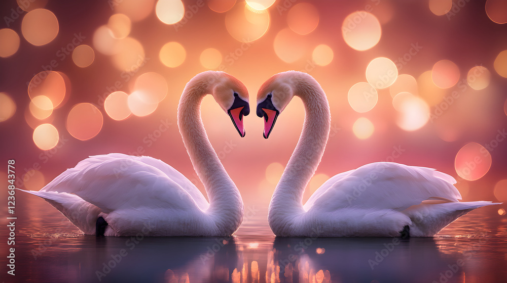 Fototapeta premium A pair of swans in love with curved necks in the shape of a heart float on the surface of a lake. Declaration of love. Valentine's Day card, wedding invitation.