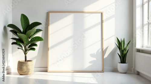 Minimalist Interior Design Mockup Sunlit Room with Empty Frame and Potted Plants