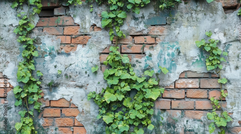 Overgrown Brick Wall with Green Vines and Texture Details Overgrown Brick Wall with Green Vines and Texture Details
