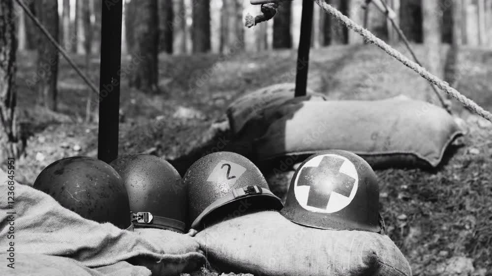 Historical Re-enactment Black And White Video. WWII American Metal ...