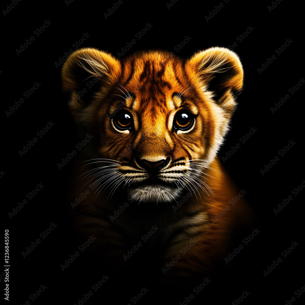 Obraz premium Close-up of a baby lion cub with soft golden fur and curious, wide eyes
