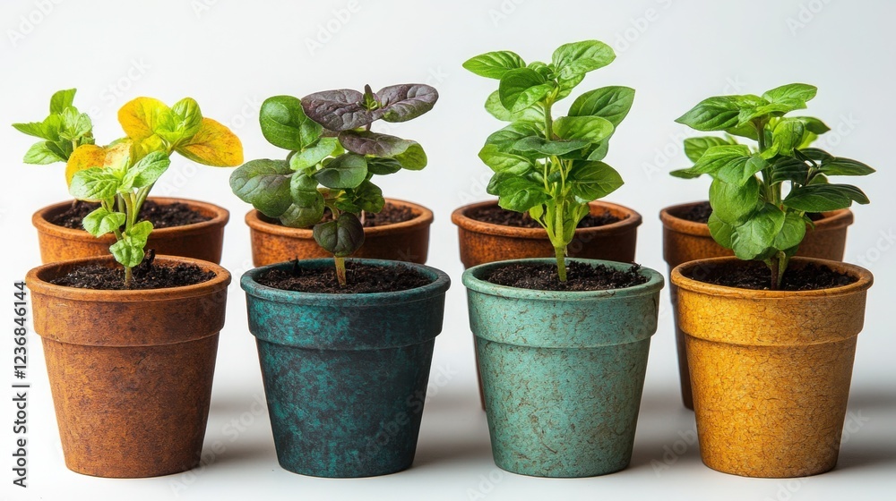 Obraz premium Vibrant Herb Seedlings in Colorful Pots Gardening Botany Spring Growth
