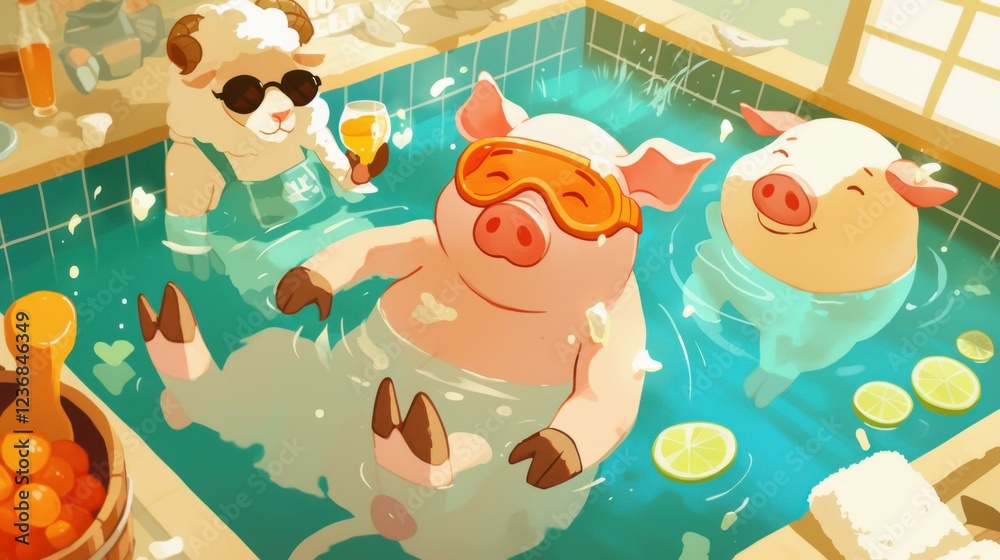 Fototapeta premium Three Cartoon Pigs Relaxing in a Bright Indoor Pool with Watermelon and Citrus Decor