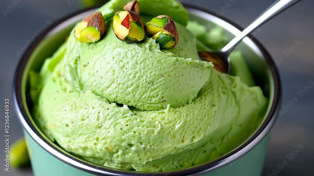 Green ice cream with nuts on top. The ice cream is in a bowl and a spoon is in the bowl