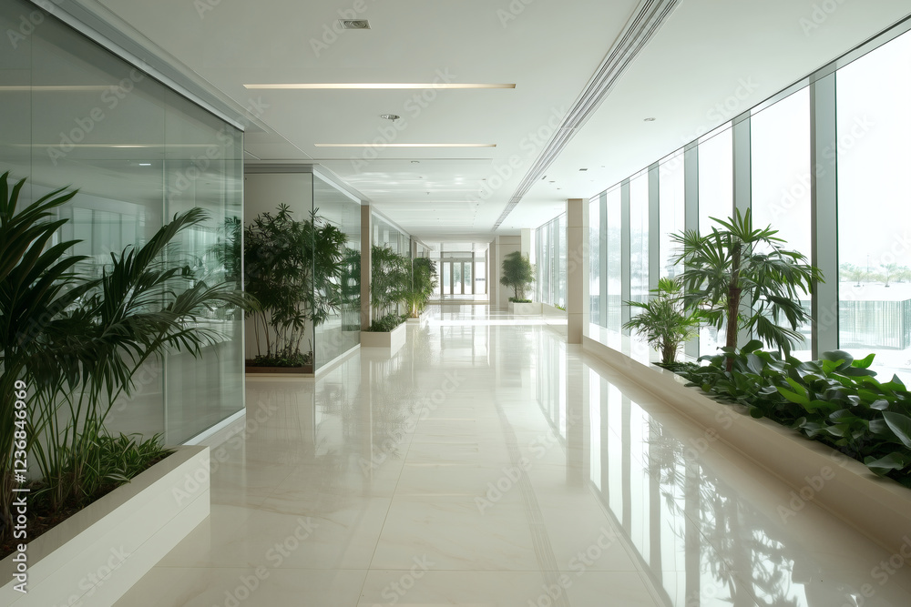 Bright, modern hallway with plants and large windows. Bright, modern hallway with plants and large windows.