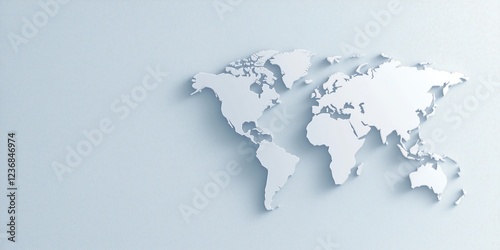 Minimalistic white 3D map of the world on a plain light background. Modern design and global perspective.