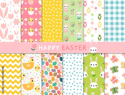 Seamless pattern vector set with cute Easter designs with bunnies, butterflies, hens, chickens and geometric shapes