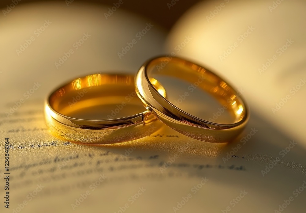 Two gold wedding rings resting on a book, symbolizing love and commitment. Two gold wedding rings resting on a book, symbolizing love and commitment.