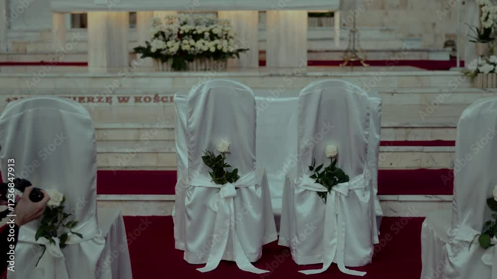 Church interior prepared for a wedding ceremony. Four elegantly decorated chairs face the altar, aligned on a red carpet, surrounded by floral arrangements and soft lighting. Marketing, adverts, promo