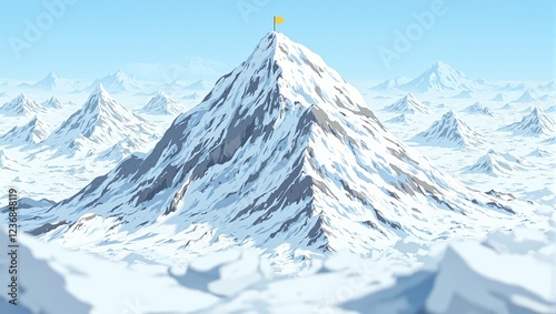 Majestic glacier mountain with yellow flag icy landscape  distant ridges