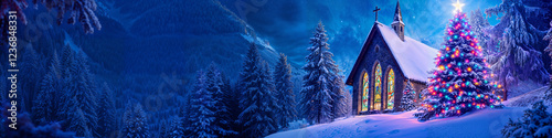 Church with Christmas tree and lights at night in the blue winter snow forest, copyspace, wide banner, holiday background