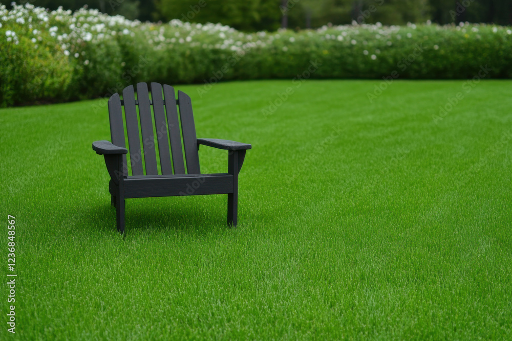 A black lawn chair sits in a lush green field A black lawn chair sits in a lush green field