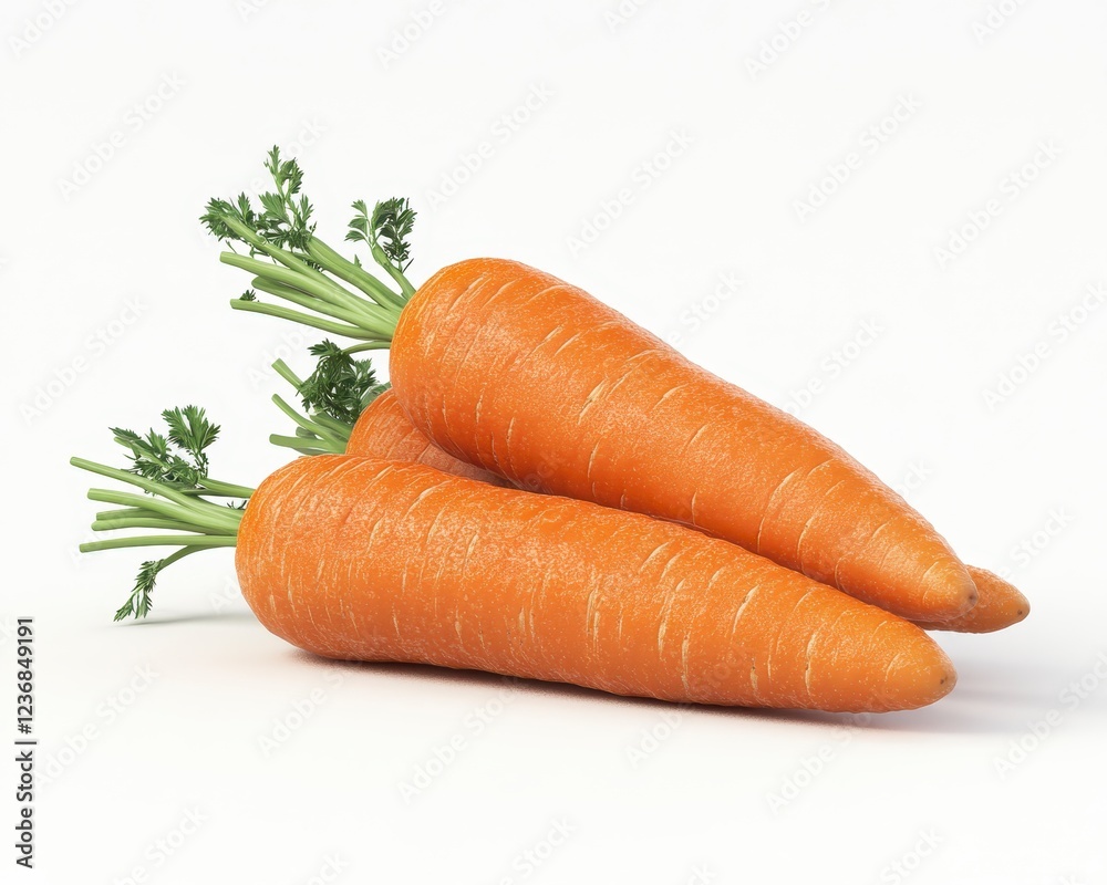 Two fresh orange carrots with green tops are on a white background. The close up studio shot highlights texture and color Two fresh orange carrots with green tops are on a white background. The close up studio shot highlights texture and color