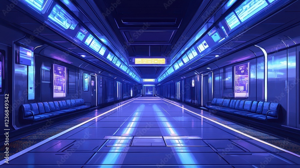 Fototapeta premium A futuristic subway station illuminated by blue neon lights, featuring empty benches and sleek, modern architecture.