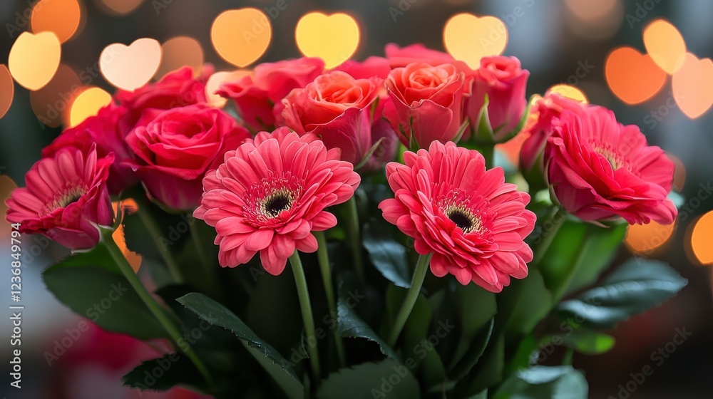 Close up view of a bouquet of pink and red roses and gerbera daisies, set against a blurred background of warm toned heart shaped bokeh lights. The Close up view of a bouquet of pink and red roses and gerbera daisies, set against a blurred background of warm toned heart shaped bokeh lights. The