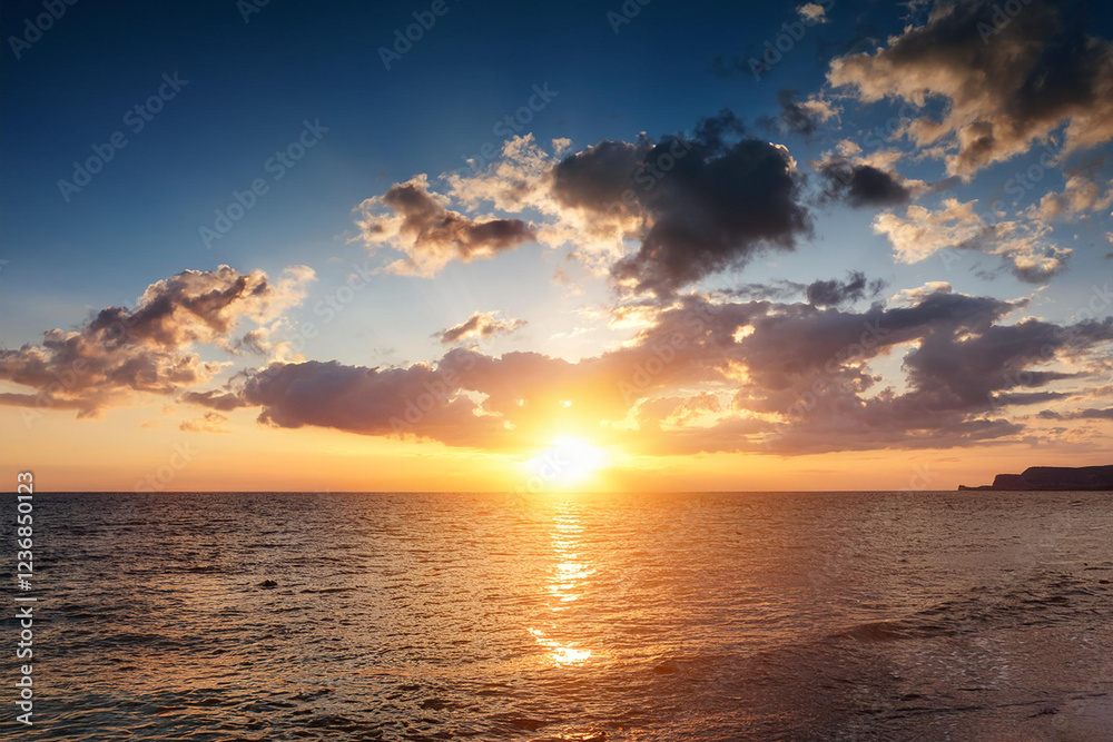Obraz premium Panoramic beach landscape. Royalty high-quality free best stock of a beautiful sunrise over the ocean with golden sunlight reflecting. Dramatic sky, sense of calm and tranquility