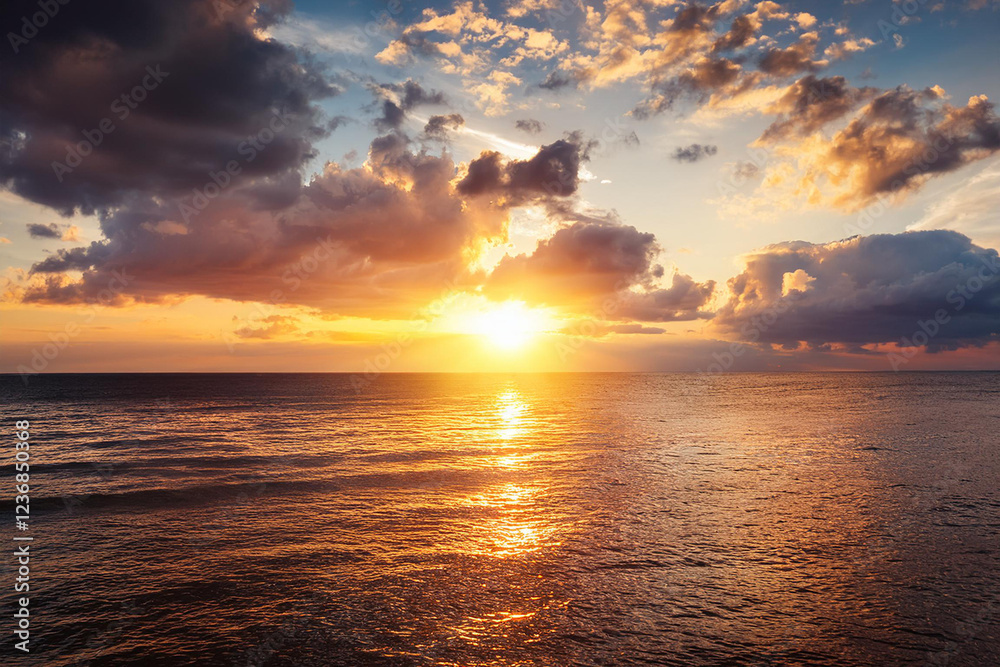 Panoramic beach landscape. Royalty high-quality free best stock of a beautiful sunrise over the ocean with golden sunlight reflecting. Dramatic sky, sense of calm and tranquility Panoramic beach landscape. Royalty high-quality free best stock of a beautiful sunrise over the ocean with golden sunlight reflecting. Dramatic sky, sense of calm and tranquility