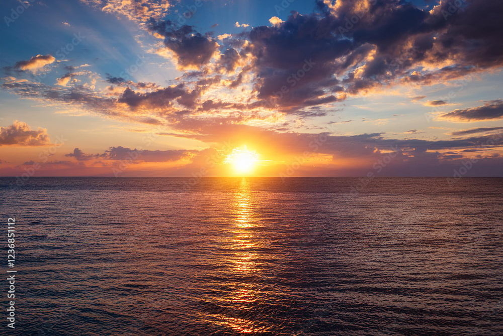 Fototapeta premium Panoramic beach landscape. Royalty high-quality free best stock of a beautiful sunrise over the ocean with golden sunlight reflecting. Dramatic sky, sense of calm and tranquility
