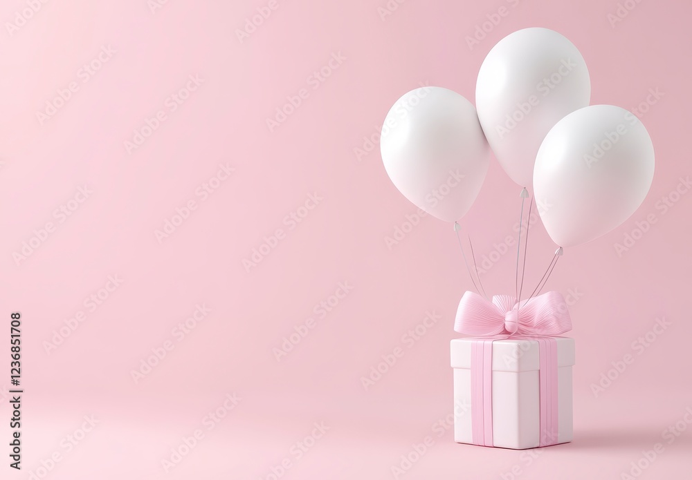 Fototapeta premium White gift box with pink ribbon and three white balloons floating above it against a pale pink background. Soft lighting creates a celebratory mood