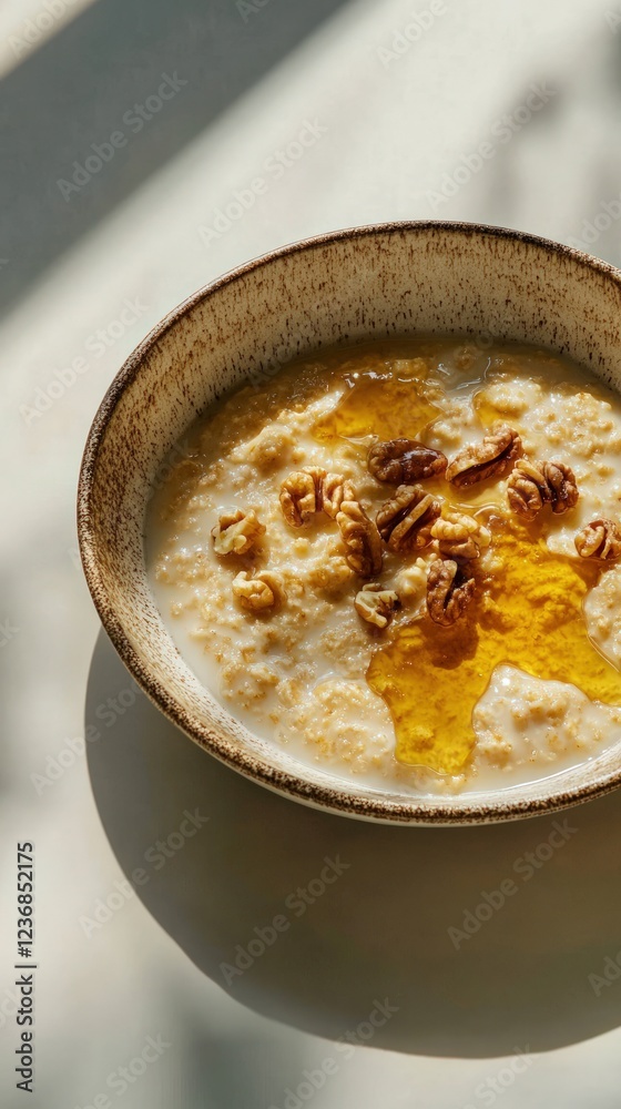 Oatmeal bowl with walnuts and honey on a pastel background with soft shadows. A warm and creamy breakfast rich in fiber and natural sweetness. Perfect for wellness, food photography, and elegant meal 