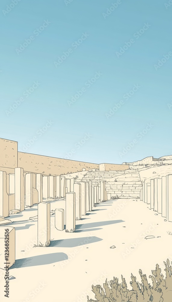 Obraz premium Minimalist line drawing of nitzana ancient beige columns and ruins against a clear blue sky