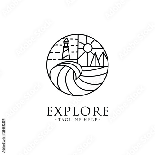 Sunset Ocean Waves With Lighthouse Logo Design Badge Vector illustration