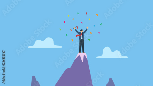 Businessman holding winner flag on top of mountain peak symbolizes business pioneer, conqueror be the first to explore success opportunity, achievement or conquest, exploration.