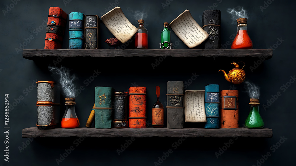 Fototapeta premium Mystical sorcery event featuring a witch's sacred bookshelf enchanted library ancient scrolls cozy atmosphere atmospheric perspective witchcraft concepts