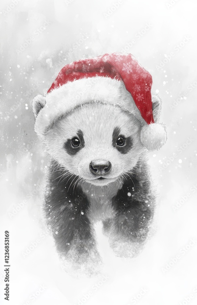 Adorable panda cub wearing a red hat, depicted in a snowy winter scene. The image is primarily black and white with splashes of red from the hat Adorable panda cub wearing a red hat, depicted in a snowy winter scene. The image is primarily black and white with splashes of red from the hat