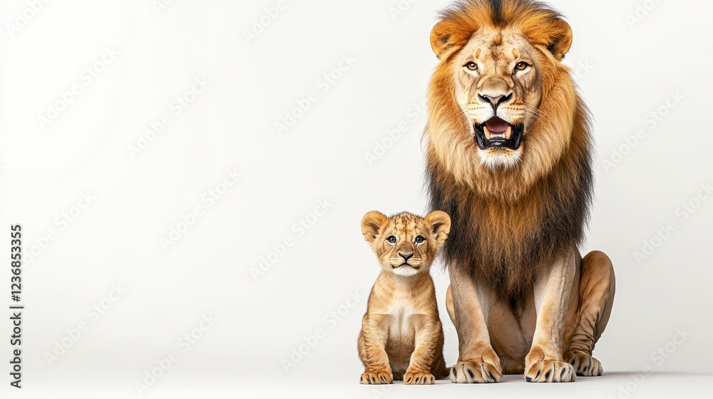 Obraz premium Majestic adult lion and its tiny cub sit together against a bright white background. The lion's mane is full and dark, contrasting with the cub's