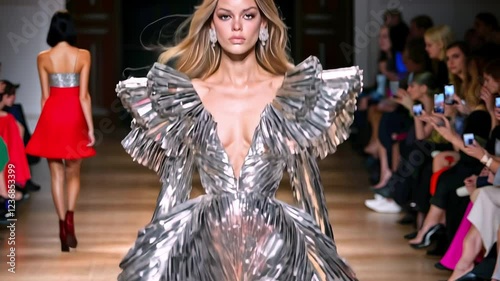 Glamorous runway fashion with metallic dress on model