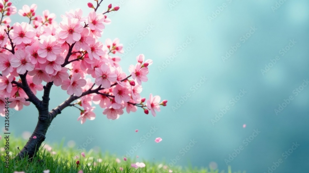 Delicate Pink Blossoms Gracefully Adorn a Small Tree in a Lush Green Meadow Under a Serene Sky Delicate Pink Blossoms Gracefully Adorn a Small Tree in a Lush Green Meadow Under a Serene Sky
