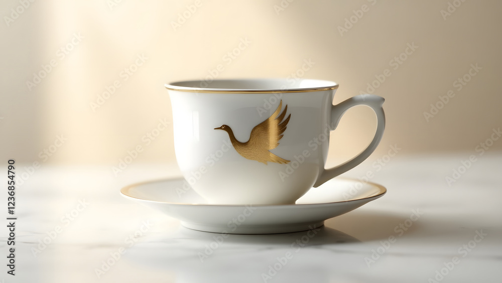 Obraz premium A luxurious white teacup with an exquisite golden crane pattern.