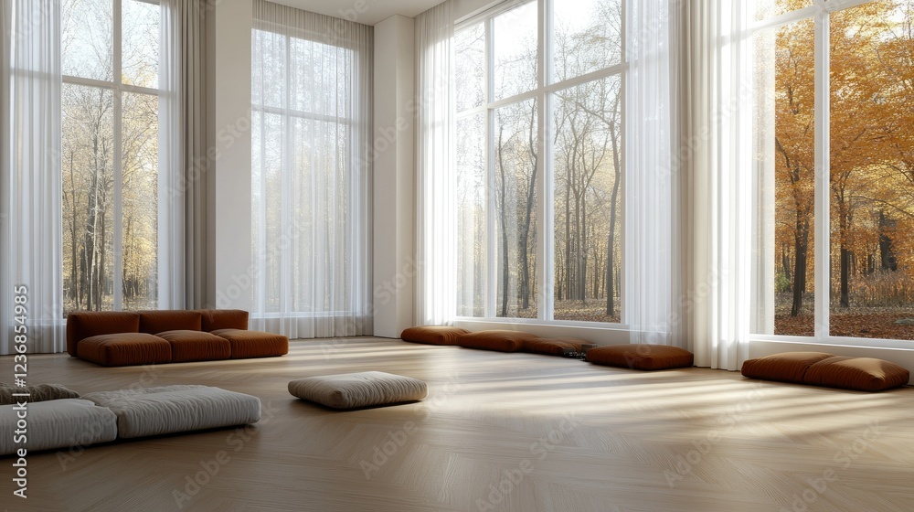 Fototapeta premium Spacious, minimalist interior with large windows showcasing autumn landscape and comfortable seating