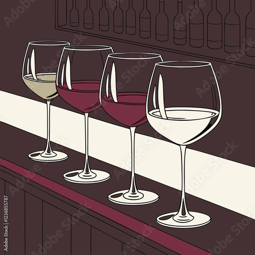  Wine Glasses in Various Shades of Red and White on a Luxurious Bar