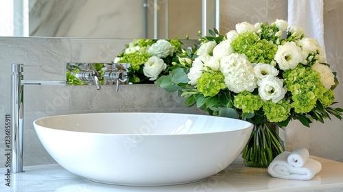 Modern bathroom sink with bouquet of white and green flowers photo