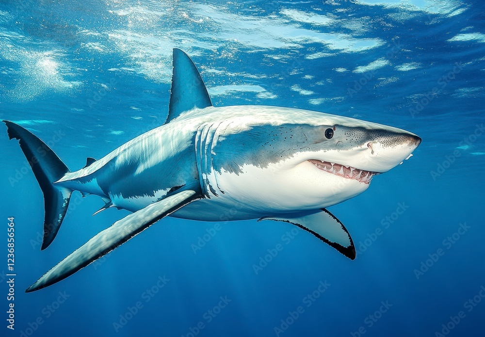 Fototapeta premium Great white shark underwater, powerful predator in blue ocean water, sunlight beams, detailed view of its body, open mouth, sharp teeth