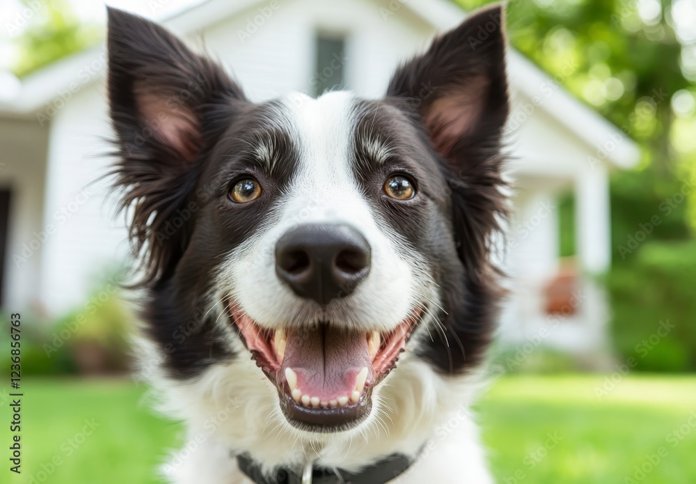 Happy black and white Border Collie dog portrait, smiling outdoors in front of a white house. Bright natural light, shallow depth of field, green Happy black and white Border Collie dog portrait, smiling outdoors in front of a white house. Bright natural light, shallow depth of field, green