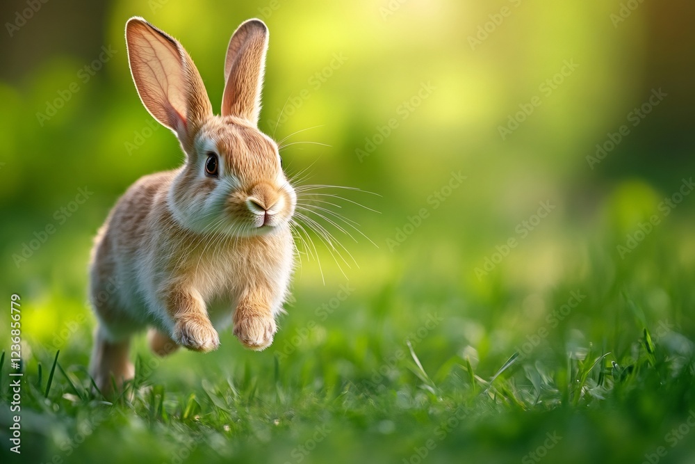 Cute brown rabbit jumping on green grass in spring sunlight Cute brown rabbit jumping on green grass in spring sunlight