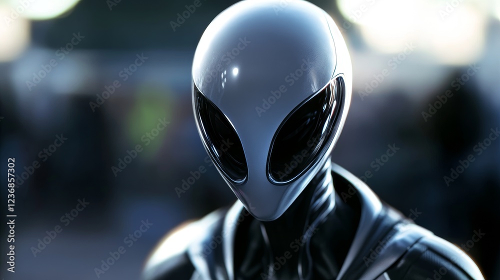 Fototapeta premium Futuristic Grey Alien Close Up - Close-up of a futuristic grey alien figure, sleek design, intense gaze.