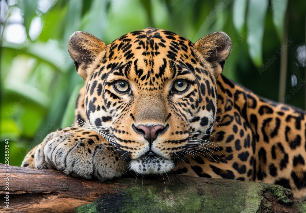Close up view of a jaguar resting on a log, its spotted coat detailed against a blurred green foliage background. The jaguar's gaze is direct, its Close up view of a jaguar resting on a log, its spotted coat detailed against a blurred green foliage background. The jaguar's gaze is direct, its