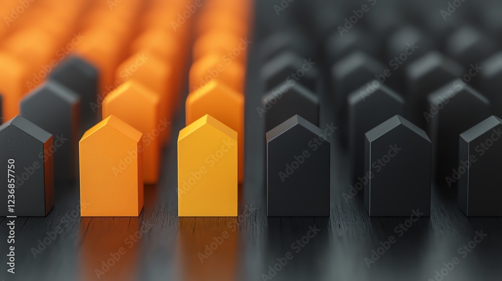 Fototapeta premium Colorful house models in a row on a dark background.