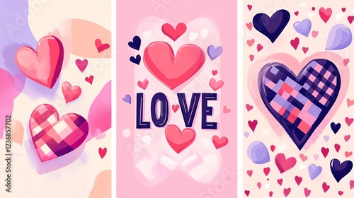 A series of three Valentine's Day card designs featuring the word 